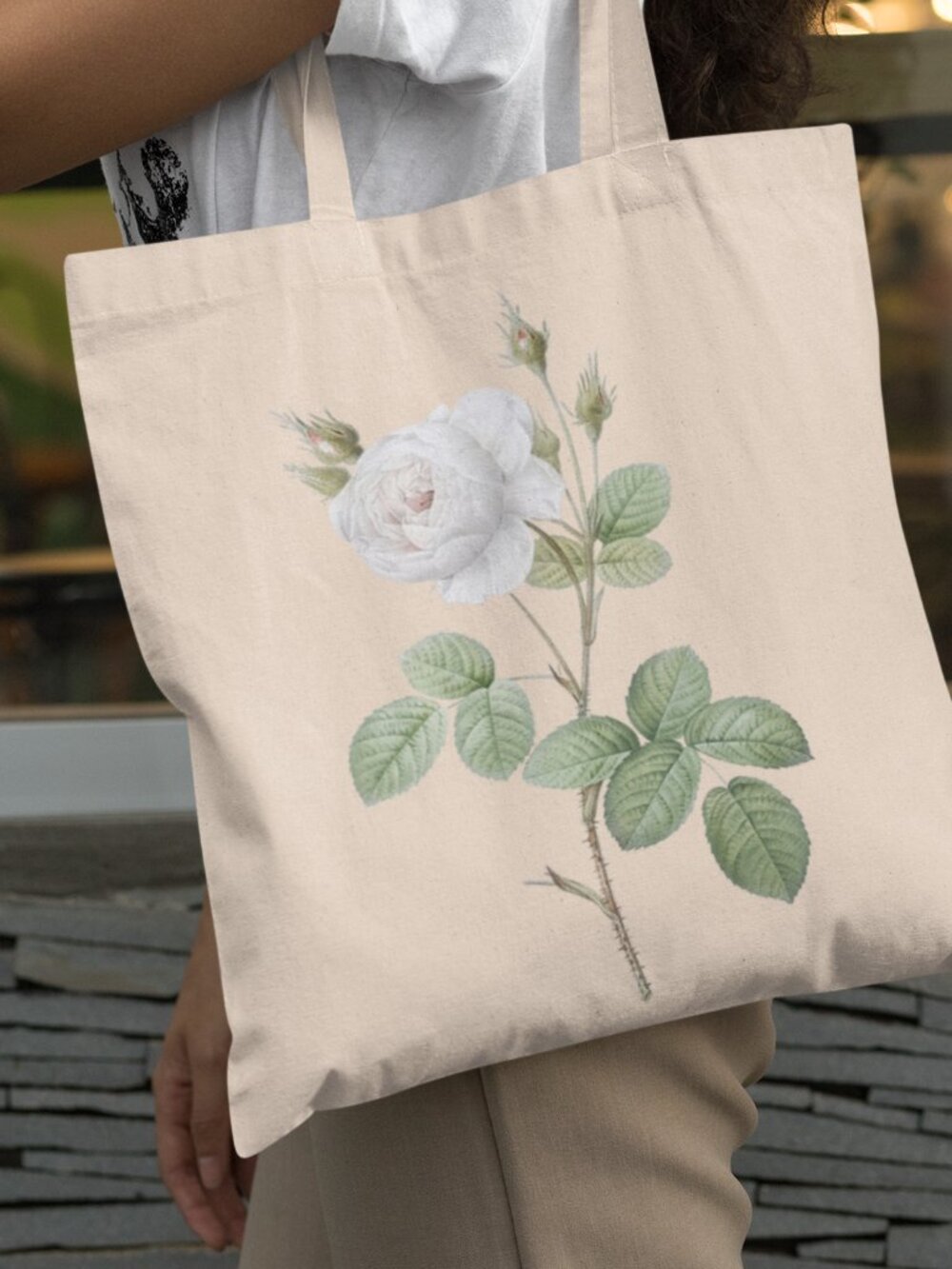 White Moss Rose Vintage Floral Print Graphic Canvas Tote Bag